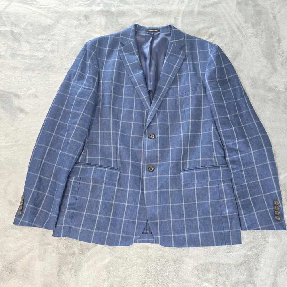 Ralph Lauren 100% Linen Blazer Mens 46L, Blue‎ Windowpane Plaid, 2 Button, Notch
